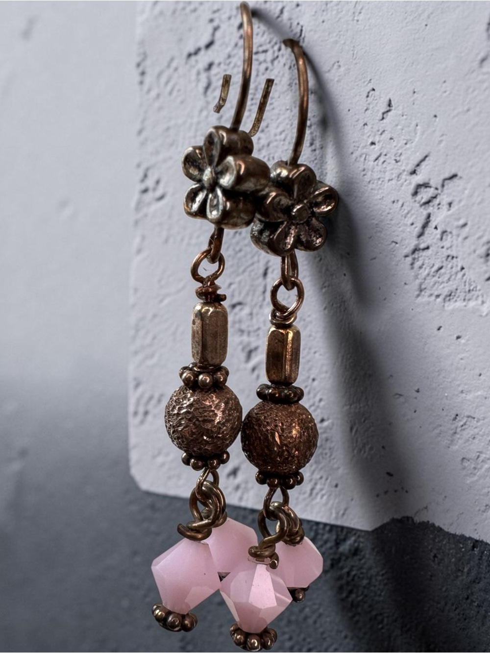 Antique Gold Tone Floral Drop Earrings — SKU C